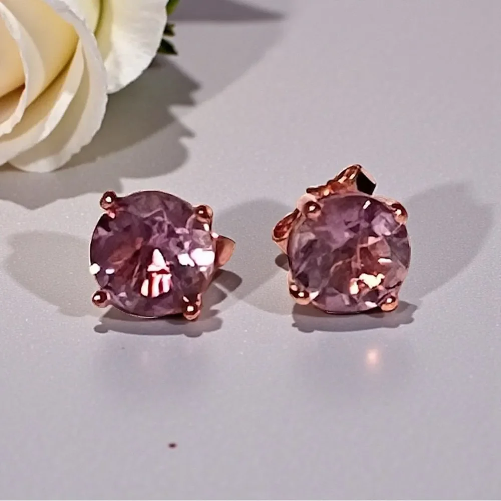Cute Rose Gold Over Sterling Silver Round Amethyst Stud Earrings
